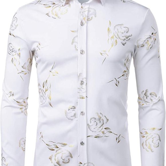 (NEW) Men's White Metallic Rose Long Sleeve Dress Shirt - Large - Picture 1 of 4